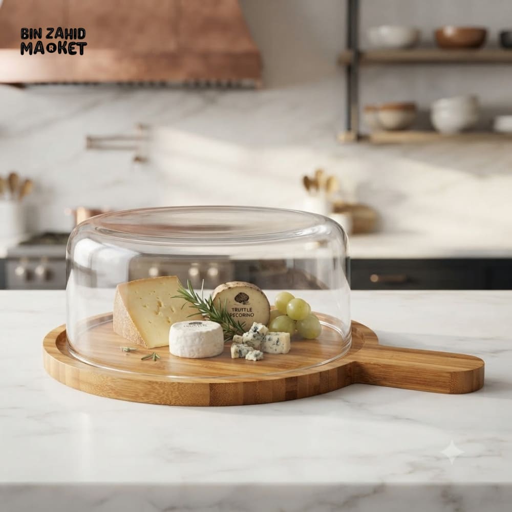 ROUND GLASS CHEESE DOME WITH BAMBOO SERVING BOARD - MEDIUM