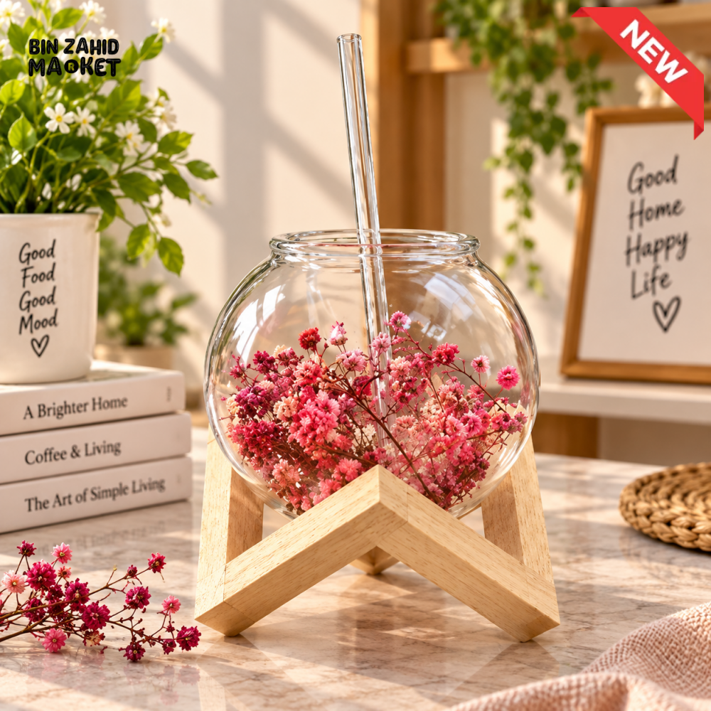 ROUND GLASS CUP WITH STRAW AND WOODEN STAND