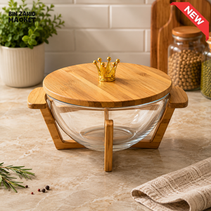 ROUND GLASS SERVING BOWL WITH BAMBOO LID & STAND - LARGE