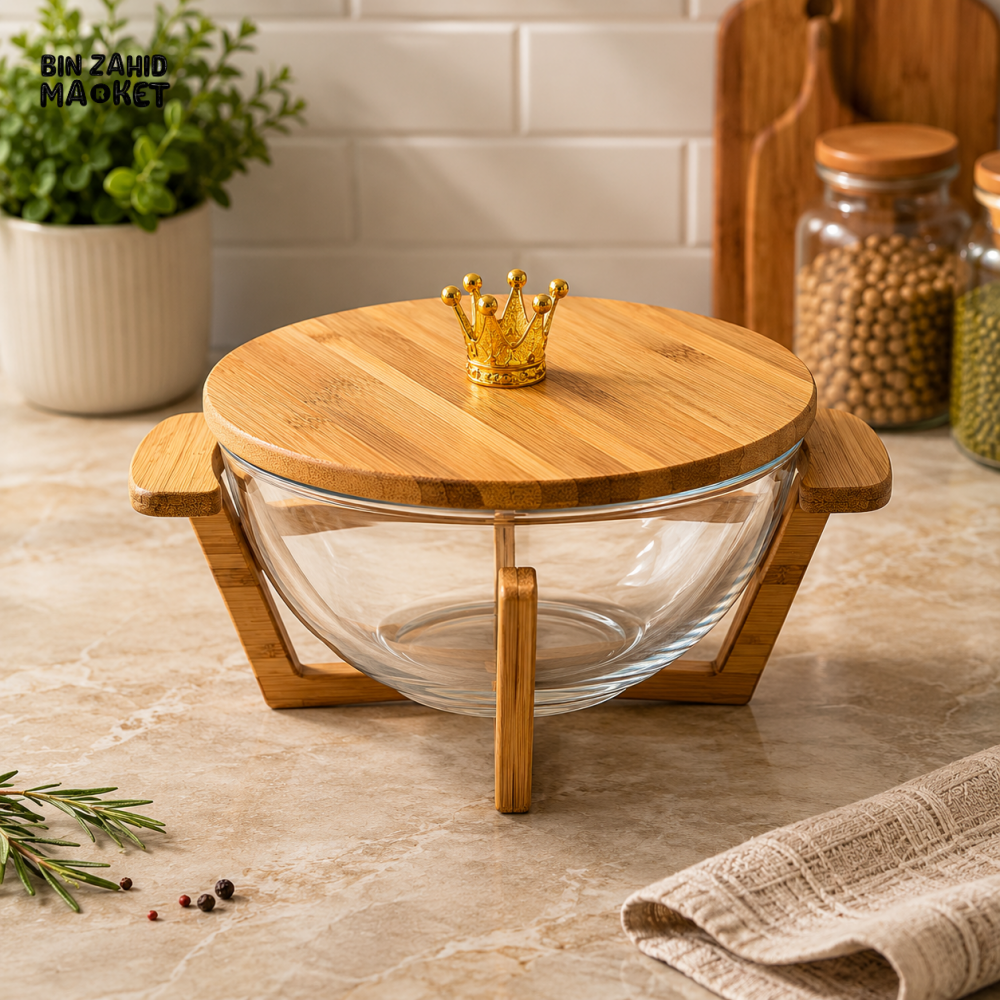 ROUND GLASS SERVING BOWL WITH BAMBOO LID & STAND - SMALL