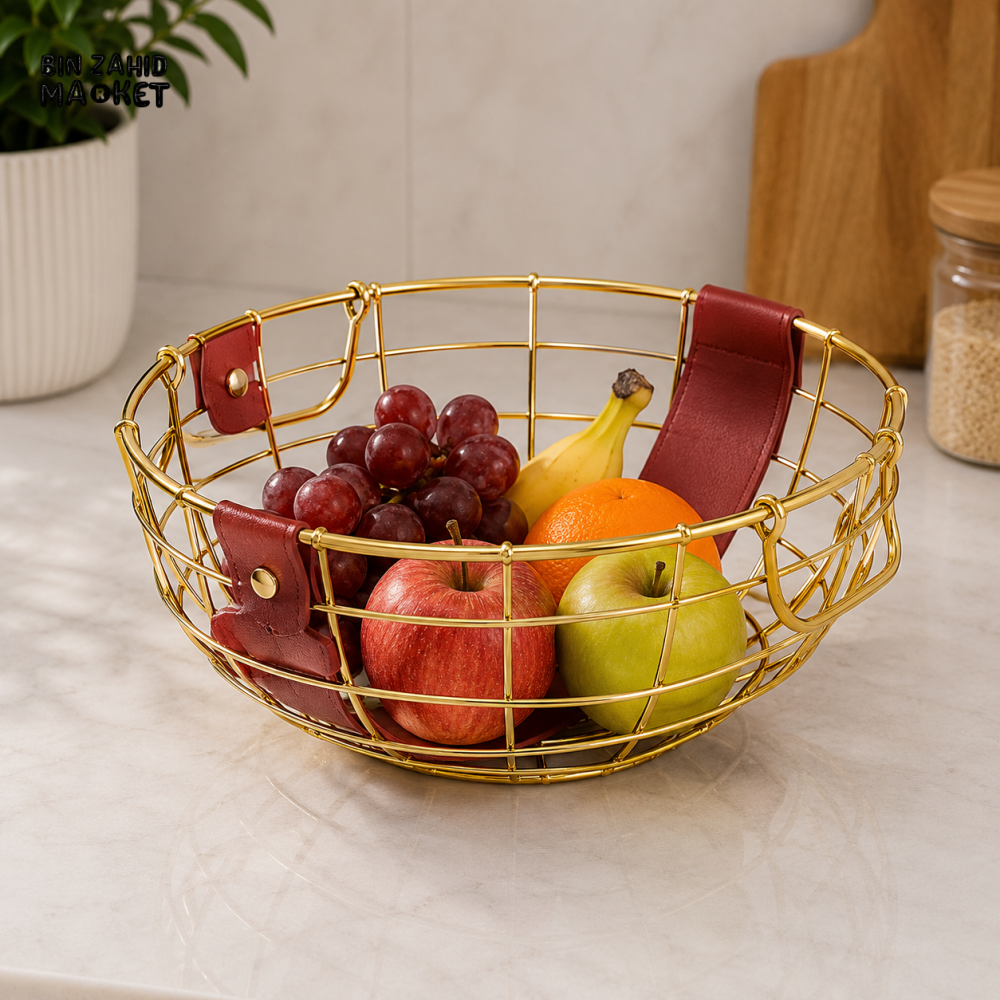 ROUND GOLD METAL WIRE FRUIT BASKET WITH DECORATIVE STRAPS