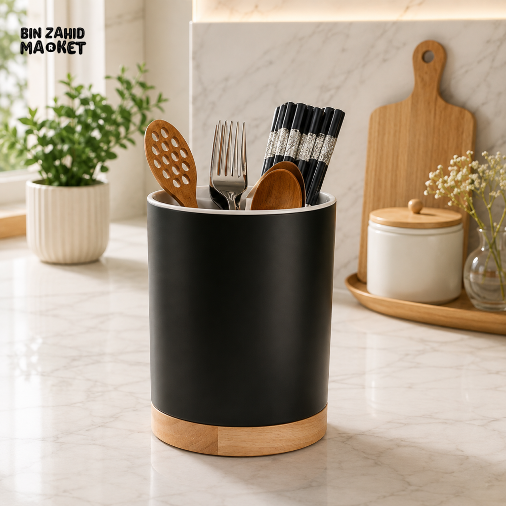 ROUND KITCHEN UTENSIL HOLDER WITH WOODEN BASE