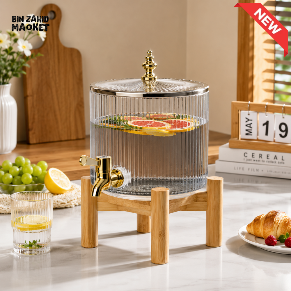 ROUND RIBBED GLASS BEVERAGE DISPENSER WITH BAMBOO STAND & GOLD FAUCET - 4.2 LITER