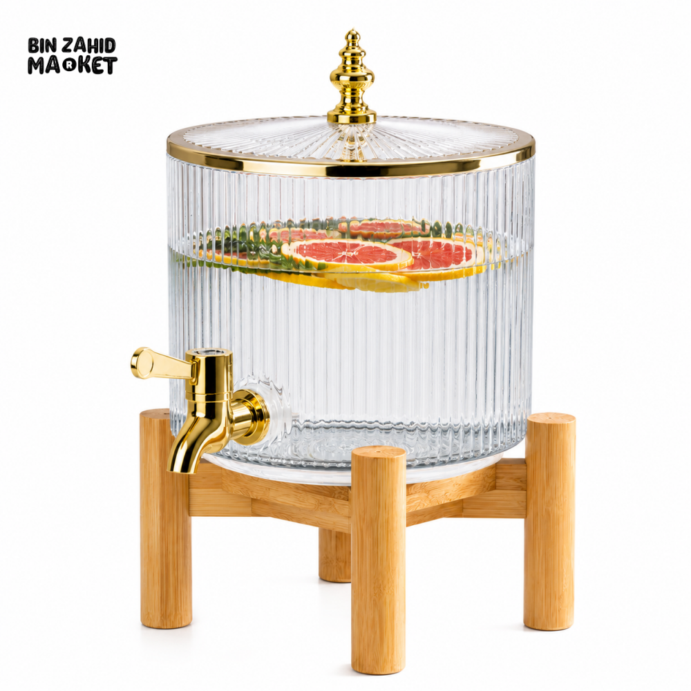 ROUND RIBBED GLASS BEVERAGE DISPENSER WITH BAMBOO STAND & GOLD FAUCET - 4.2 LITER