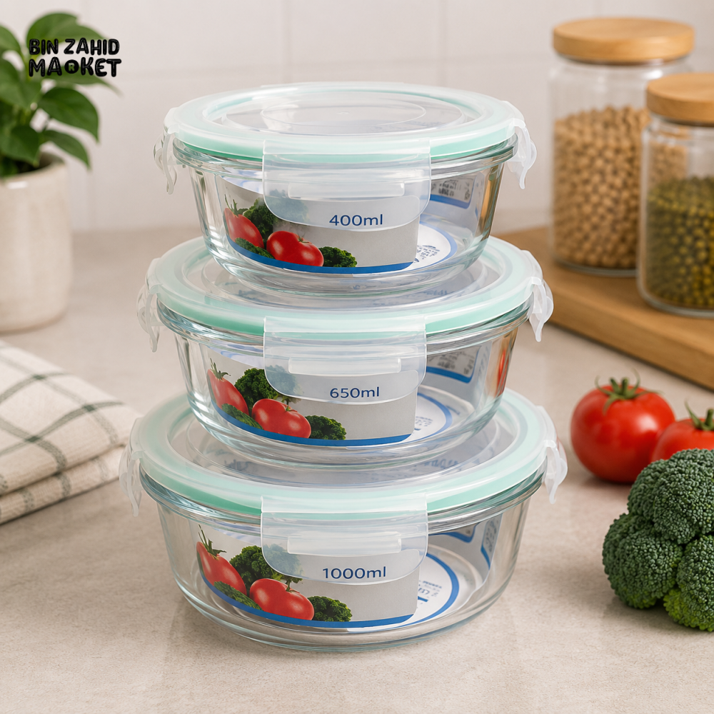 ROUND & SQUARE GLASS AIRTIGHT FOOD STORAGE CONTAINER SET - 3 PIECE SET - CIRCLE - Food Containers