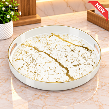 ROUND WHITE MARBLE DESIGN SERVING TRAY WITH GOLD DETAILING - SMALL - Serving Trays
