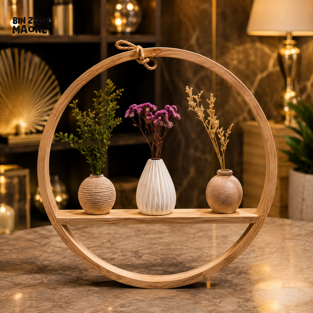 ROUND WOODEN DECOR FRAME WITH MINI VASES