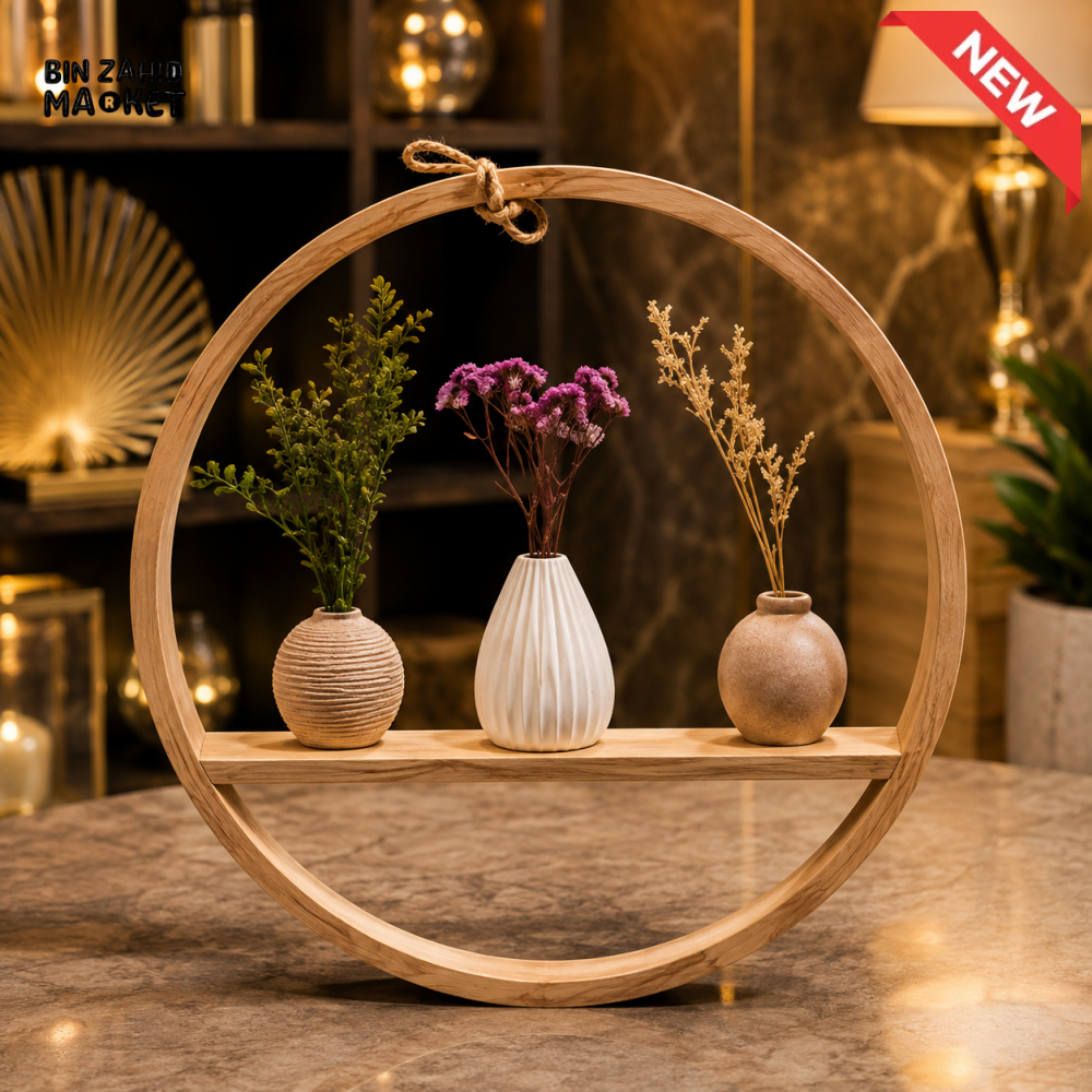 ROUND WOODEN DECOR FRAME WITH MINI VASES