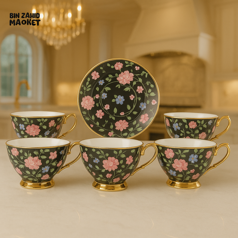ROYAL ALBERT BLACK FLORAL TEA CUP SET – 12 PIECE GOLD RIMMED PORCELAIN CUPS & SAUCERS