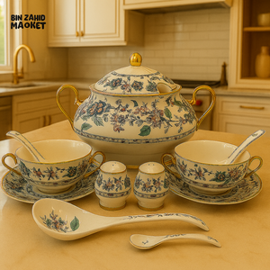 ROYAL ALBERT CERAMIC SOUP SET 23PIECE LUXURY VINTAGE DESIGN WITH GOLD HANDLES - BOTANICAL BLOOM