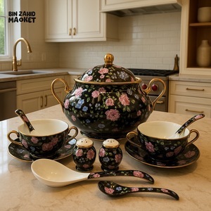 ROYAL ALBERT CERAMIC SOUP SET 23PIECE LUXURY VINTAGE DESIGN WITH GOLD HANDLES - FLORAL BLACK