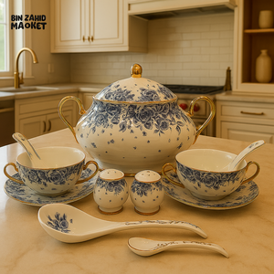 ROYAL ALBERT CERAMIC SOUP SET 23PIECE LUXURY VINTAGE DESIGN WITH GOLD HANDLES - FLORAL BLUE AND WHITE