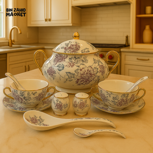 ROYAL ALBERT CERAMIC SOUP SET 23PIECE LUXURY VINTAGE DESIGN WITH GOLD HANDLES - IMPERIAL BLOOM FLORAL