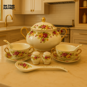 ROYAL ALBERT CERAMIC SOUP SET 23PIECE LUXURY VINTAGE DESIGN WITH GOLD HANDLES - VINTAGE ROSE FLORAL
