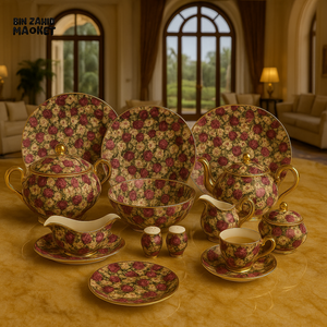 ROYAL ALBERT FINE BONE CHINA 75-PIECE DINNER SET – FLORAL GOLD TRIM TABLEWARE WITH PLATES, BOWLS, TEA SET & SERVING DISHES - 002F