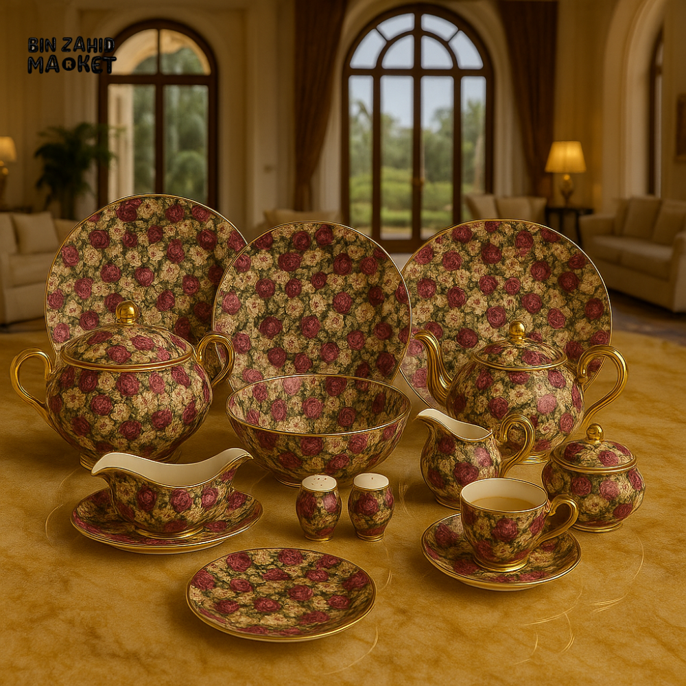 ROYAL ALBERT FINE BONE CHINA 75-PIECE DINNER SET – FLORAL GOLD TRIM TABLEWARE WITH PLATES, BOWLS, TEA SET & SERVING DISHES - 002F