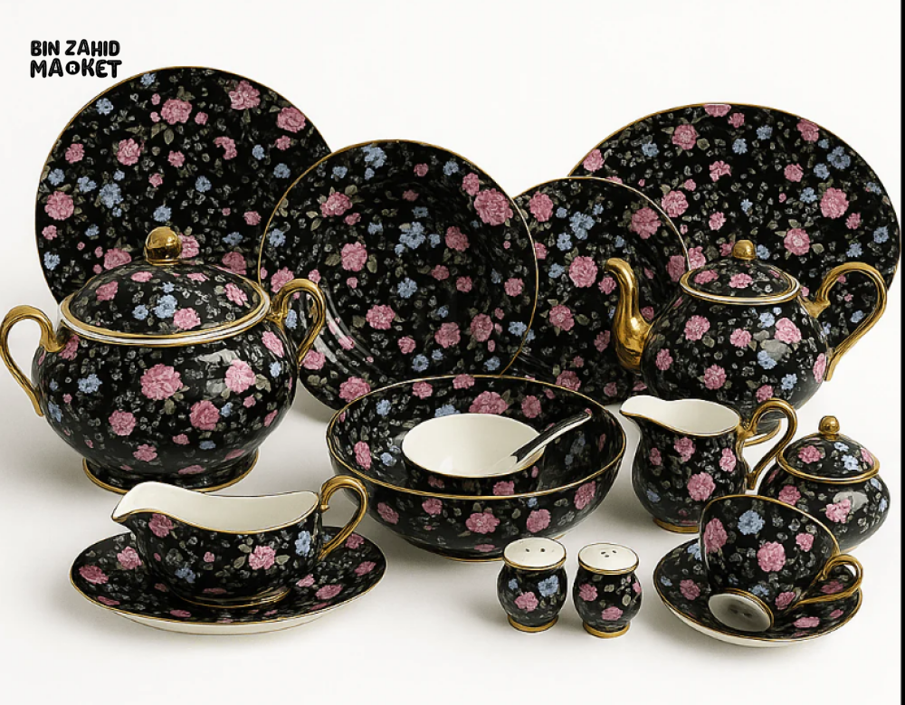 ROYAL ALBERT FINE BONE CHINA 75-PIECE DINNER SET – FLORAL GOLD TRIM TABLEWARE WITH PLATES, BOWLS, TEA SET & SERVING DISHES - 406F