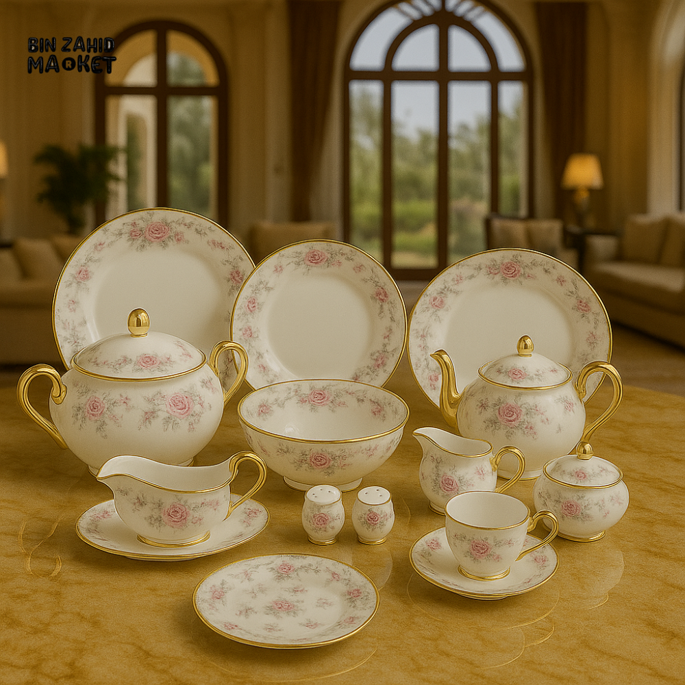 ROYAL ALBERT FINE BONE CHINA 75-PIECE DINNER SET – FLORAL GOLD TRIM TABLEWARE WITH PLATES, BOWLS, TEA SET & SERVING DISHES - 406F