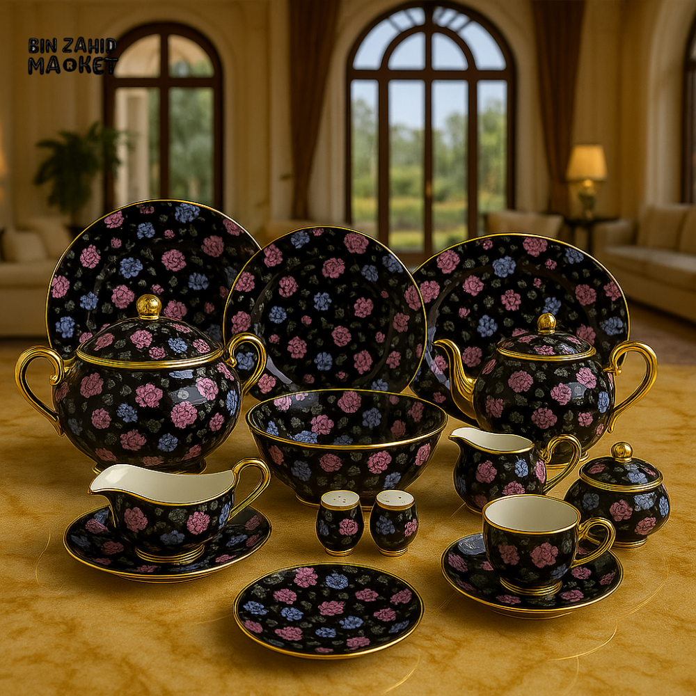 ROYAL ALBERT FINE BONE CHINA 75-PIECE DINNER SET – FLORAL GOLD TRIM TABLEWARE WITH PLATES, BOWLS, TEA SET & SERVING DISHES - 406F