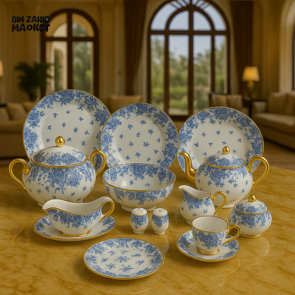 ROYAL ALBERT FINE BONE CHINA 75-PIECE DINNER SET – FLORAL GOLD TRIM TABLEWARE WITH PLATES, BOWLS, TEA SET & SERVING DISHES - 415F