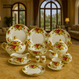 ROYAL ALBERT FINE BONE CHINA 75-PIECE DINNER SET – FLORAL GOLD TRIM TABLEWARE WITH PLATES, BOWLS, TEA SET & SERVING DISHES - 416F