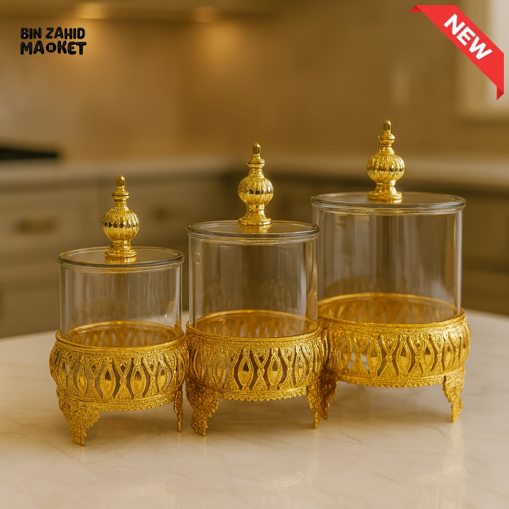 ROYAL ARABESQUE GOLD PEDESTAL JARS – 3 PIECES CLEAR GLASS SET WITH LIDS 1000ML 1200ML 1500ML