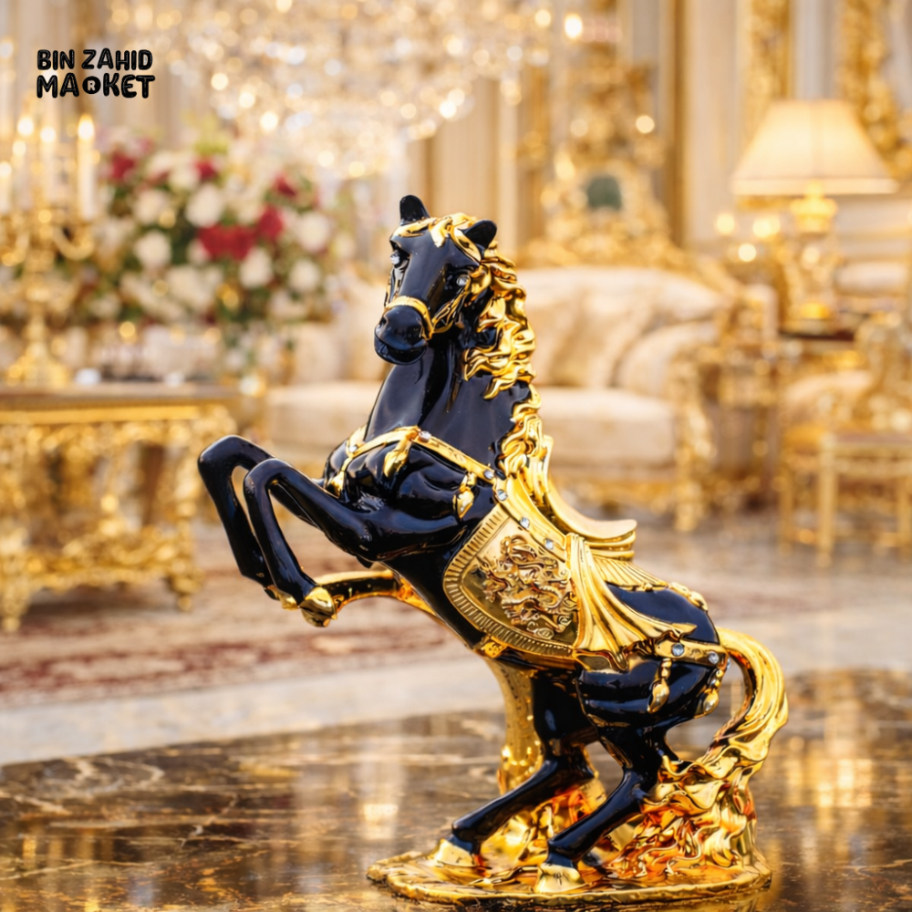 ROYAL BLACK AND GOLD HORSE FIGURINE PREMIUM TABLE DECOR 13 INCH