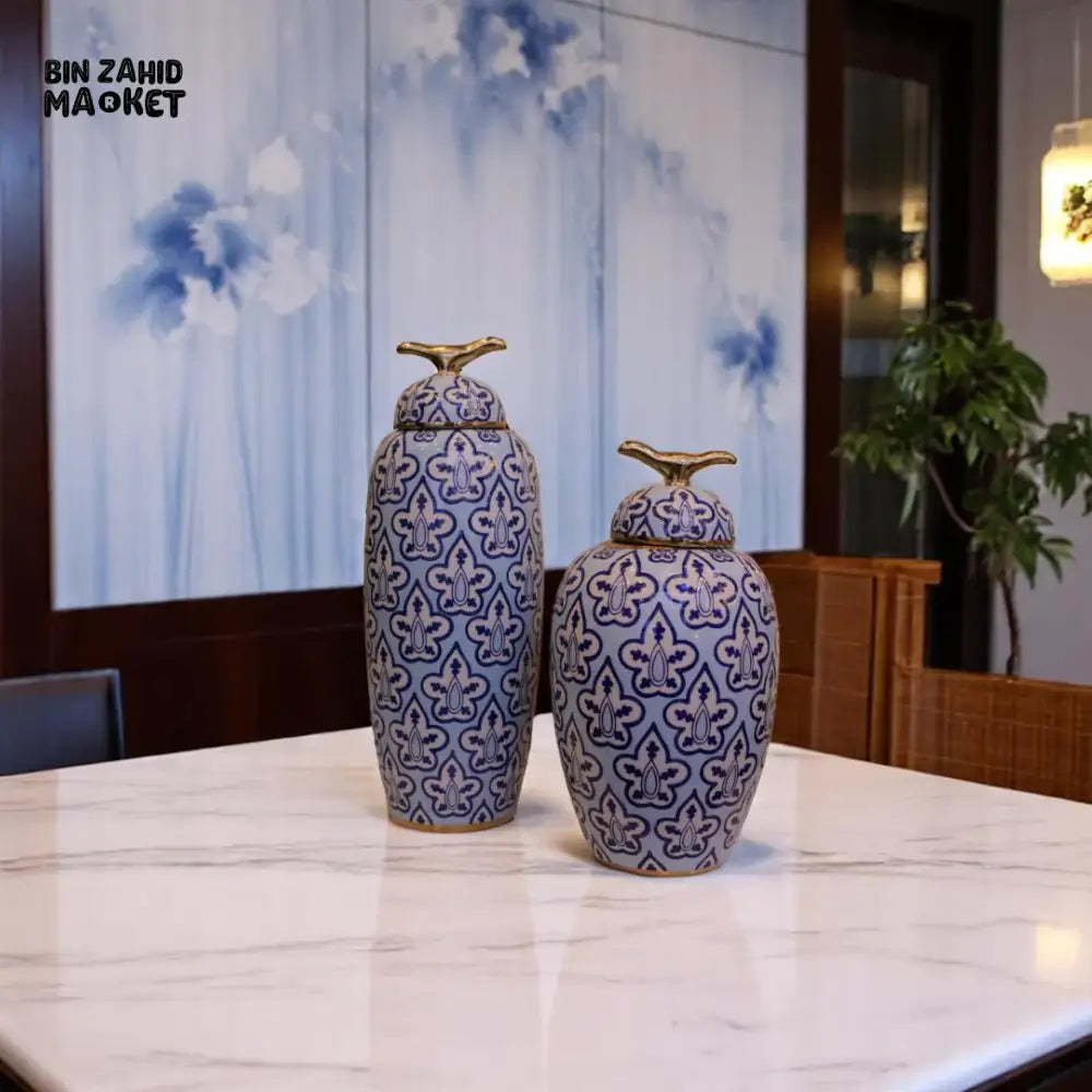 ROYAL BLUE FLORAL CERAMIC VASE SET – GOLDEN FINIAL LID DECOR JARS