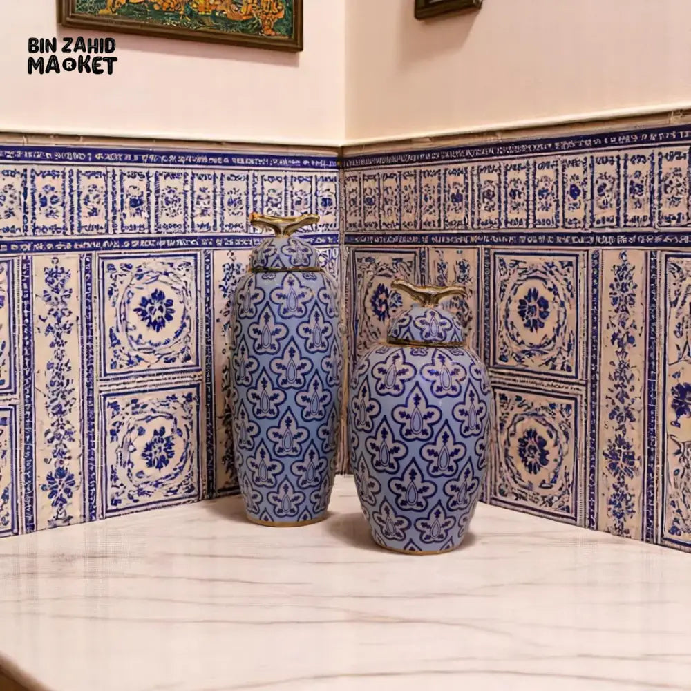 ROYAL BLUE FLORAL CERAMIC VASE SET – GOLDEN FINIAL LID DECOR JARS