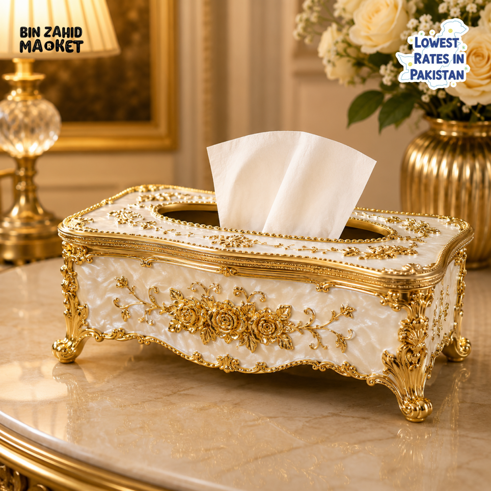 ROYAL ELEGANCE LUXURY TISSUE BOX - WHITE & GOLDEN