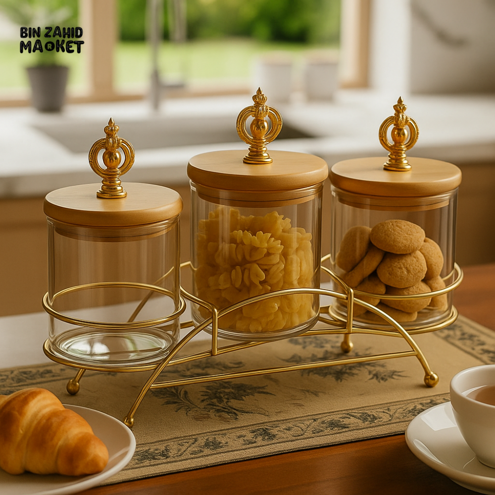 ROYAL GLASS CANISTER SET – GOLD TOPS WITH DECORATIVE METAL HOLDER
