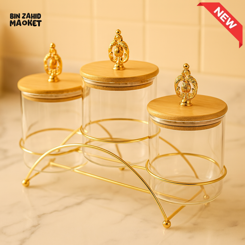 ROYAL GLASS CANISTER TRIO – GOLD FINIAL LIDS ON METAL STAND