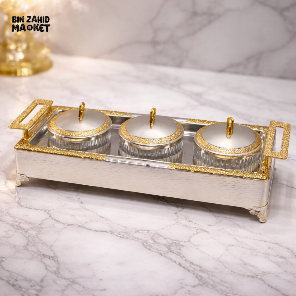 ROYAL GOLD 3-JAR SERVING SET WITH LUXURY TRAY