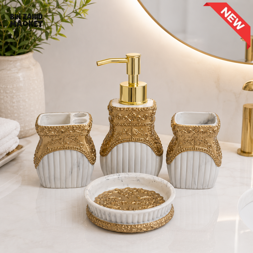 ROYAL MARBLE & GOLD CERAMIC BATHROOM ACCESSORIES SET – 4 PIECES