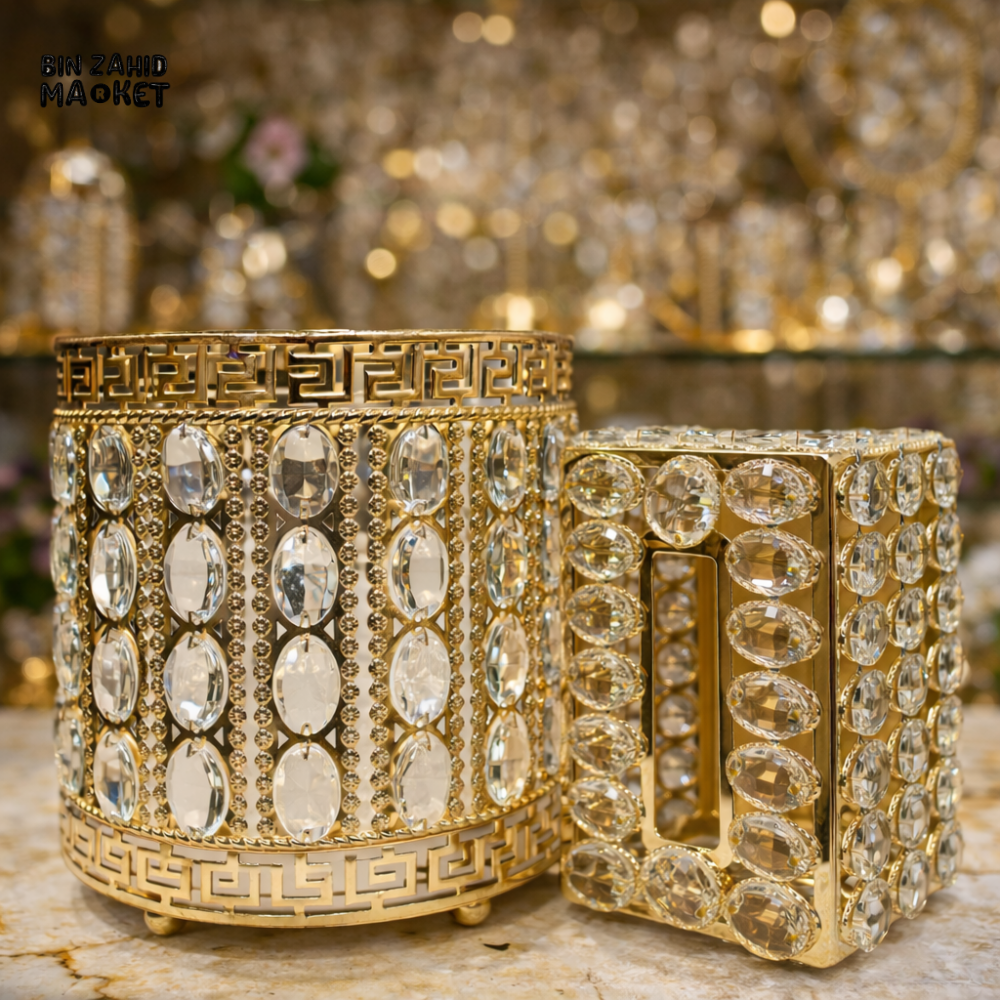 ROYAL PEBBLE-GEM GOLD CRYSTAL BIN & TISSUE BOX SET