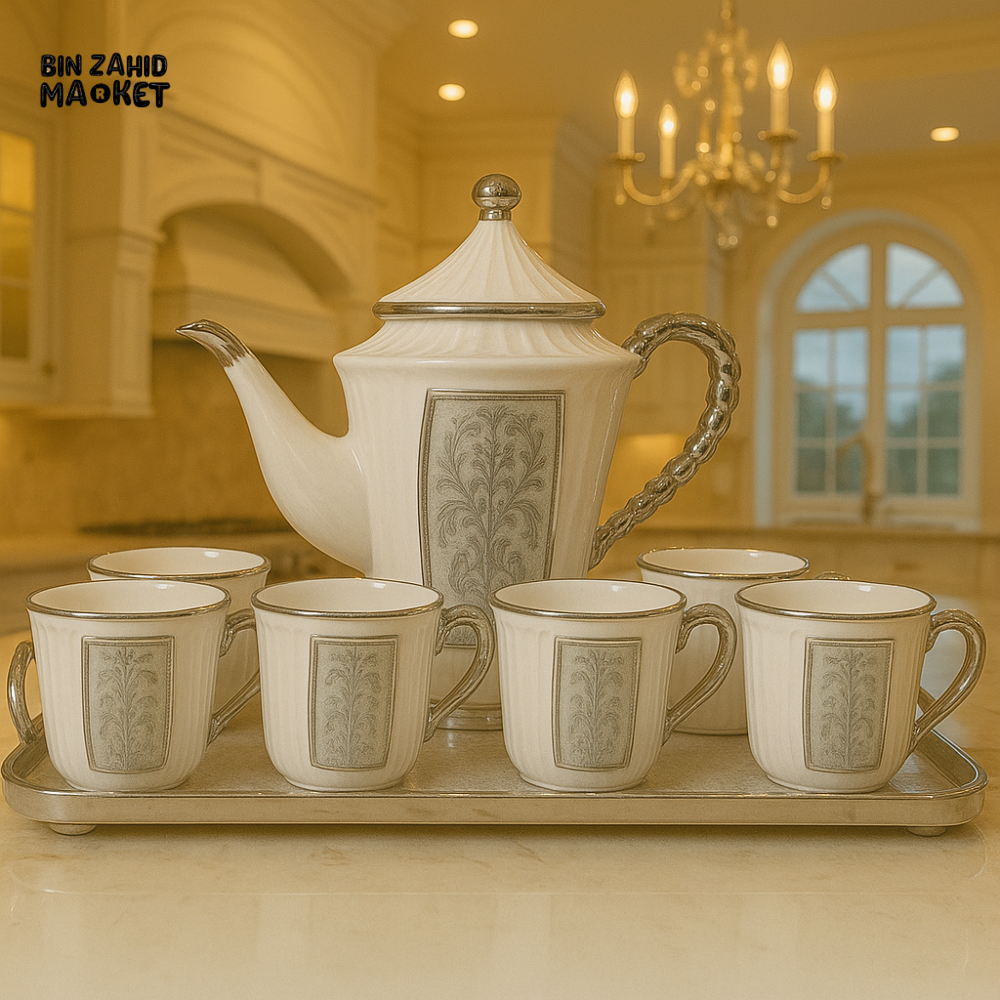 ROYAL WHITE & GOLD TEA SET – 7 PIECE LUXURY CERAMIC SET WITH TRAY FOR VILLA KITCHEN DISPLAY - WHITE & SILVER