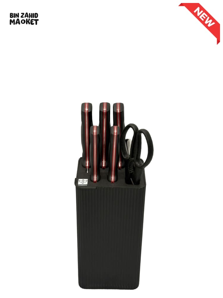 RUST-PROOF STAINLESS KNIFE 7 PIECES SET – FULL KITCHEN RANGE WITH HOLDER - BLACK