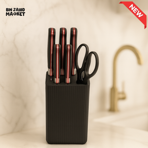 RUST-PROOF STAINLESS KNIFE 7 PIECES SET – FULL KITCHEN RANGE WITH HOLDER - BLACK