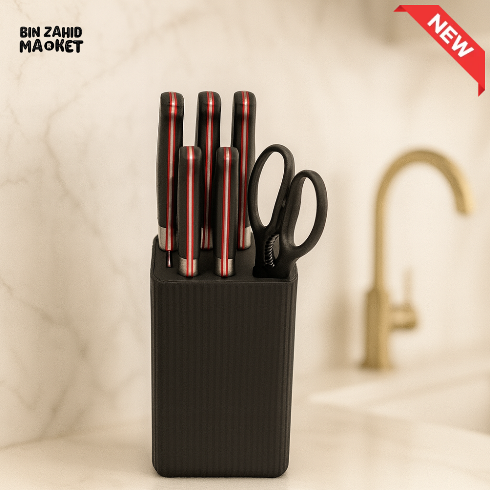RUST-PROOF STAINLESS KNIFE 7 PIECES SET – FULL KITCHEN RANGE WITH HOLDER - BLACK