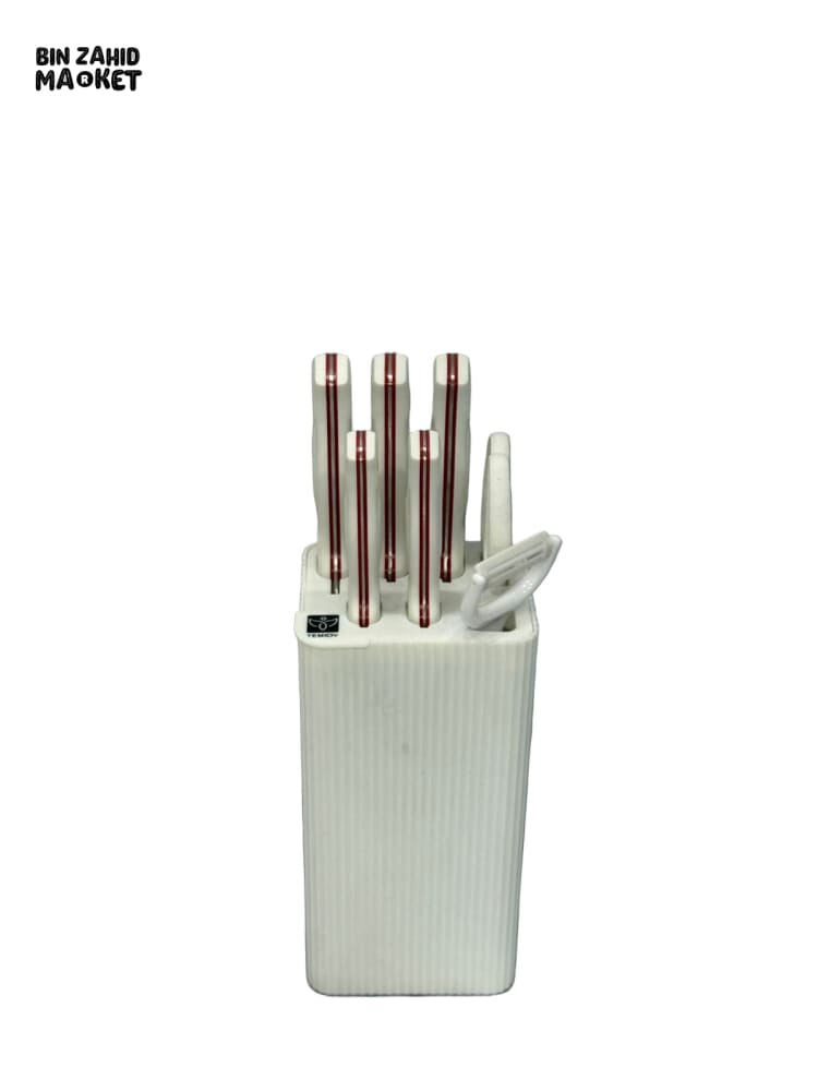 RUST-PROOF STAINLESS KNIFE 7 PIECES SET – FULL KITCHEN RANGE WITH HOLDER - WHITE