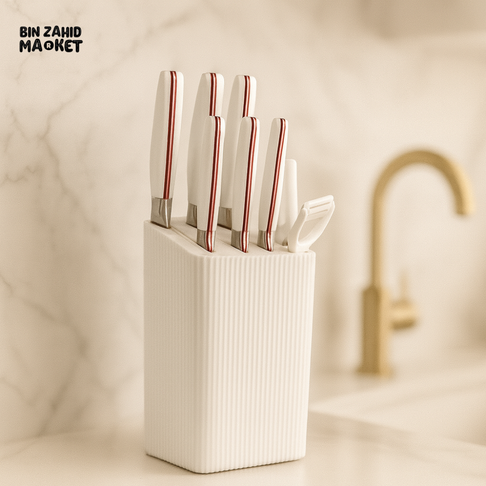 RUST-PROOF STAINLESS KNIFE 7 PIECES SET – FULL KITCHEN RANGE WITH HOLDER - WHITE