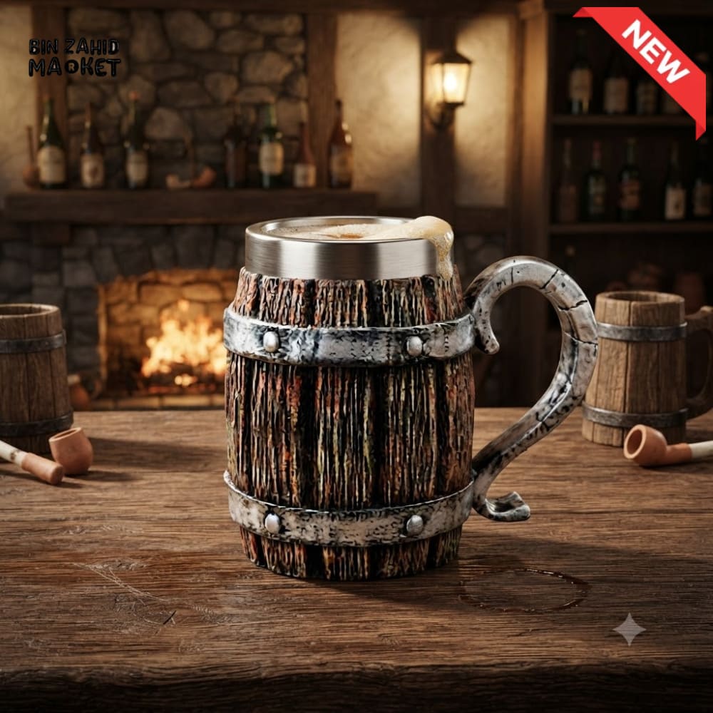 RUSTIC WOODEN STYLE STAINLESS STEEL BEER MUG - 500 ML