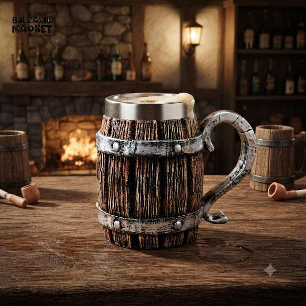 RUSTIC WOODEN STYLE STAINLESS STEEL BEER MUG - 500 ML