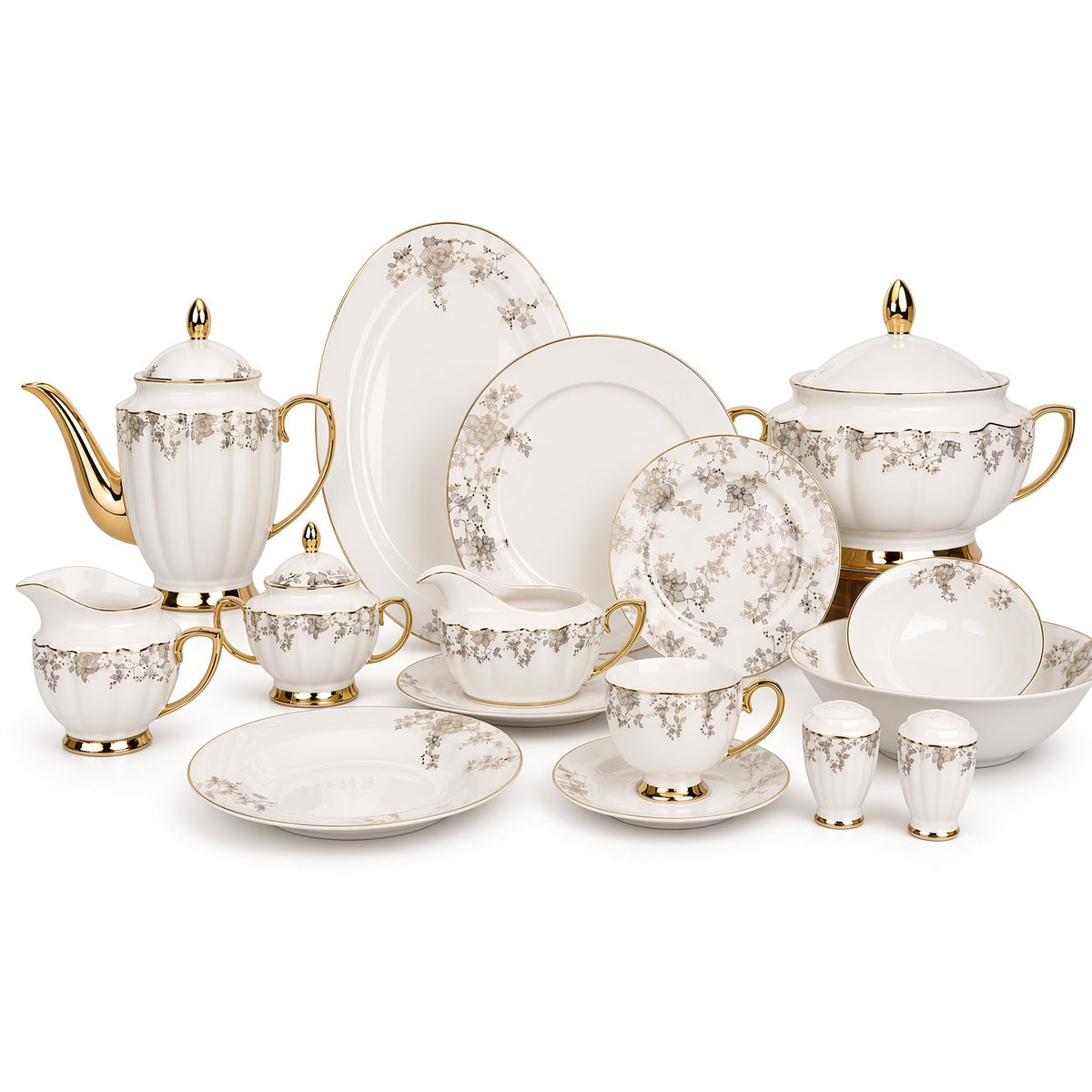 Johnson Bros Inspired Delicate Beige Gold Floral Patterns Bone China Dinner Set