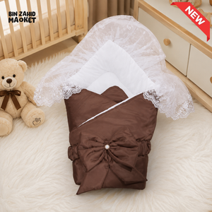 SATIN POLYESTER BABY CARRY NEST WITH LACE CANOPY - BROWN