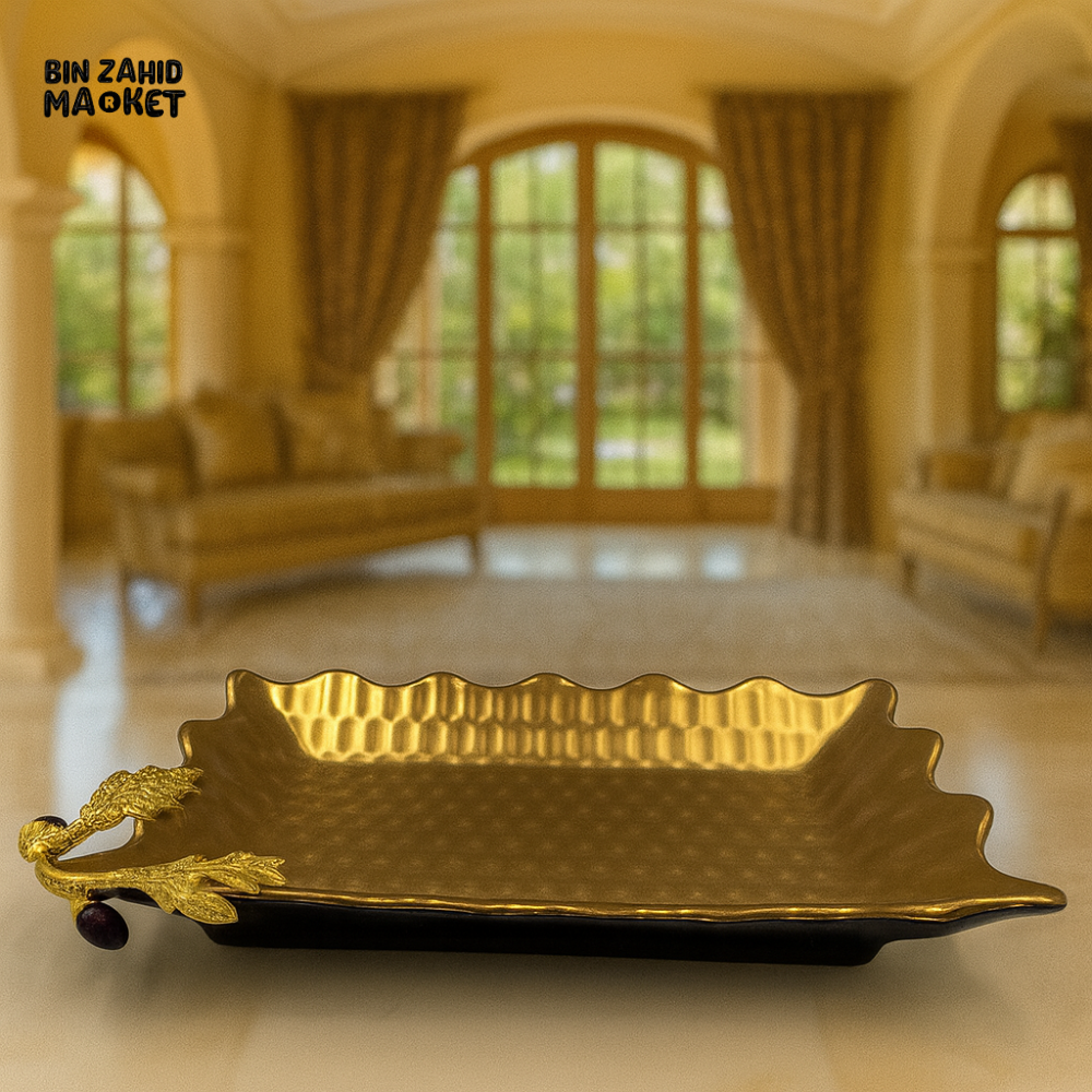 SCALLOPED GOLD RECTANGULAR SERVING TRAY WITH OAK LEAF HANDLE – LUXURY VILLA STYLE DECOR - 12 M12-B