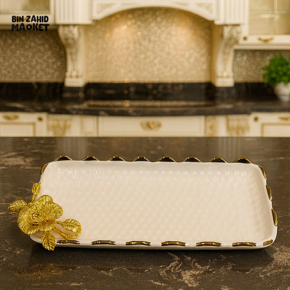 SERVING DISH WITH GOLD ROSE DETAIL – LUXURY KITCHEN TABLETOP PLATTER - 11 M11-W