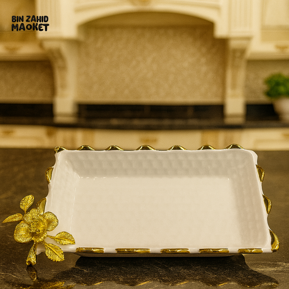 SERVING DISH WITH GOLD ROSE DETAIL – LUXURY KITCHEN TABLETOP PLATTER - 12 M12-W