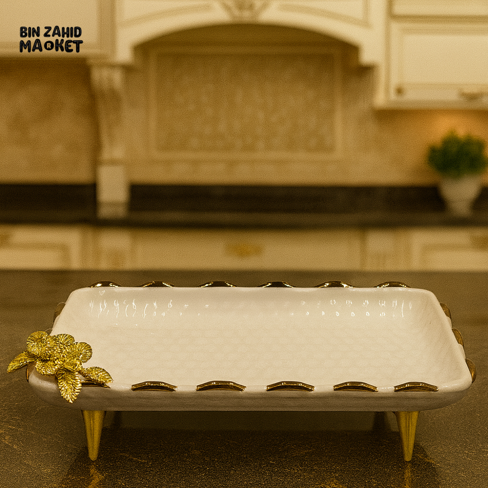 SERVING DISH WITH GOLD ROSE DETAIL – LUXURY KITCHEN TABLETOP PLATTER - WITH LEGS 12 M17-W