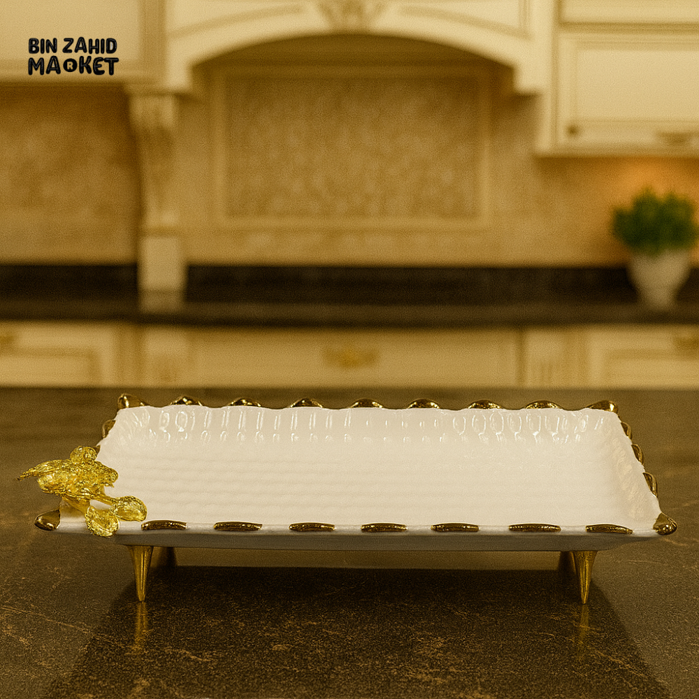 SERVING DISH WITH GOLD ROSE DETAIL – LUXURY KITCHEN TABLETOP PLATTER - WITH LEGS 15 M16-W